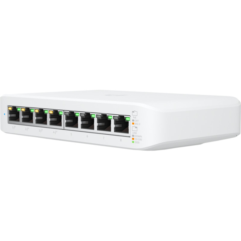 Ubiquiti Lite 8 PoE; (4) GbE PoE+, (4) GbE ports; 52W total PoE availability; Wall mountable.