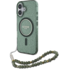 Guess IML Glitter With Pearl Strap MagSafe case for iPhone 16 Plus - green