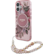 Guess IML Flowers With Pearl Strap MagSafe iPhone 16 Case - Pink