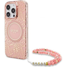 Guess Etui Guess IML Flowers Allover Electro With Pearl Strap MagSafe na iPhone 16 Pro - różowe