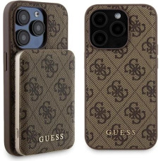 Guess 4G Metal Logo case set for iPhone 15 Pro Max + 5000mAh MagSafe power bank - brown