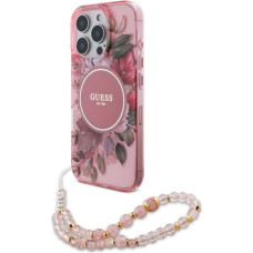 Guess IML Flowers With Pearl Strap MagSafe iPhone 16 Pro Case - Pink