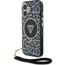 Guess HC IML Leopard Triangle Cord Strap MagSafe case for iPhone 16 - black