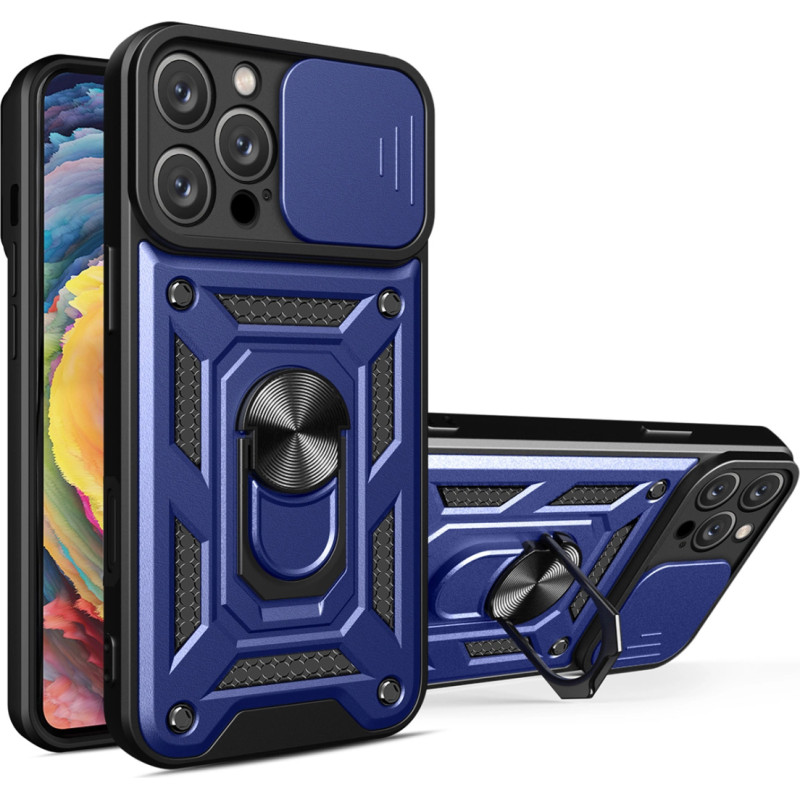 Hurtel Hybrid Armor Camshield iPhone 16 Pro Max Armored Case with Camera Cover and Stand - Blue