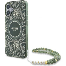 Guess IML Flowers Allover Electro With Pearl Strap MagSafe case for iPhone 16 Plus - green