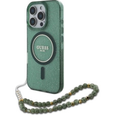 Guess IML Glitter With Pearl Strap MagSafe case for iPhone 16 Pro - green