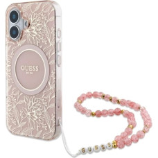 Guess IML Flowers Allover Electro With Pearl Strap MagSafe iPhone 16 Plus Case - Pink