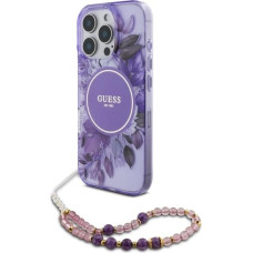 Guess IML Flowers With Pearl Strap MagSafe case for iPhone 16 Pro Max - purple