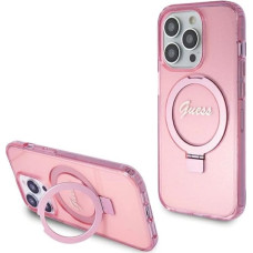 Guess Ring Stand Script Glitter MagSafe case for iPhone 15 Pro Max - pink