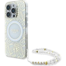 Guess IML Flowers Allover Electro With Pearl Strap MagSafe case for iPhone 16 Pro Max - white