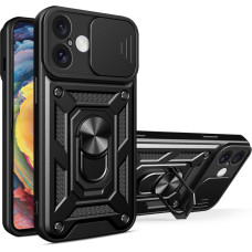 Hurtel Hybrid Armor Camshield iPhone 16 Armored Case with Camera Cover and Stand - Black