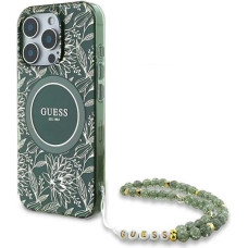 Guess IML Flowers Allover Electro With Pearl Strap MagSafe case for iPhone 16 Pro - green