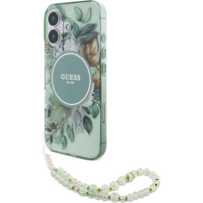 Guess IML Flowers With Pearl Strap MagSafe case for iPhone 16 Plus - green