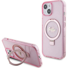 Guess Ring Stand Script Glitter MagSafe case for iPhone 15 - pink