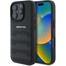 Mercedes AMG Leather Debossed Lines Black Logo iPhone 16 Pro Max Case - Black