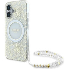 Guess IML Flowers Allover Electro With Pearl Strap MagSafe case for iPhone 16 Plus - white