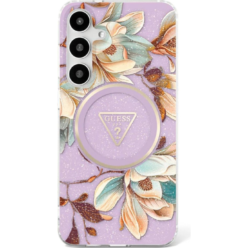 Guess Etui Guess Glitter Flowers Triangle Buttons MagSafe do Samsung Galaxy S25 fioletowy