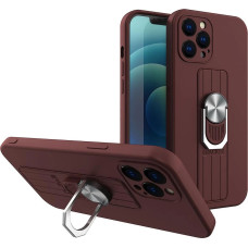 Hurtel Ring Case silicone case with finger grip and stand for iPhone 12 mini brown