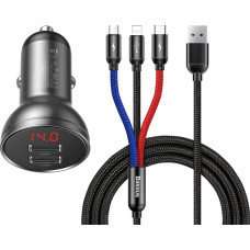 Baseus 2x USB 4.8A 24W car charger with LCD + 3in1 cable USB - USB Type C / micro USB / Lightning 1.2m black (TZCCBX-0G)