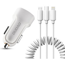 Dudao car kit charger 2x USB 2.4A + cable USB 3in1 Lightning / Type C / micro USB cable white (R7 white)