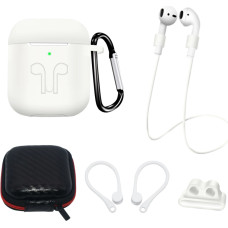 Hurtel Silicone Case Set for AirPods 2 / AirPods 1 + Case / Ear Hook / Neck Strap / Watch Strap Holder / Carabiner - White