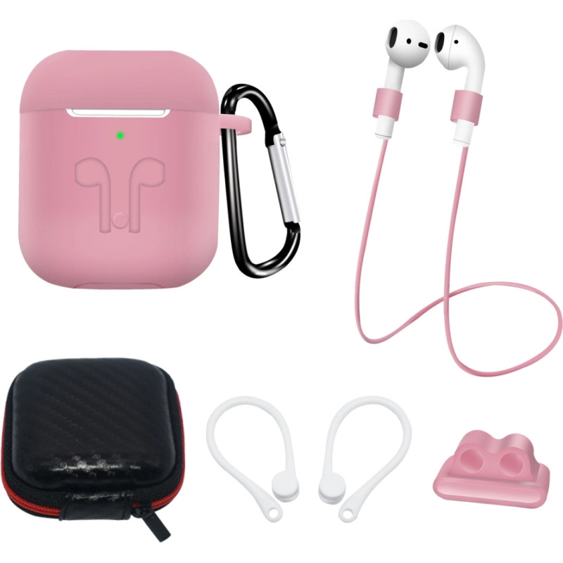 Hurtel Set of AirPods 2 / AirPods 1 silicone case + case / ear hook / neck strap / watch strap holder / carabiner - pink