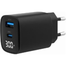 Gembird GaN Charger USB-A USB-C LCD 30W PD QC3.0 black