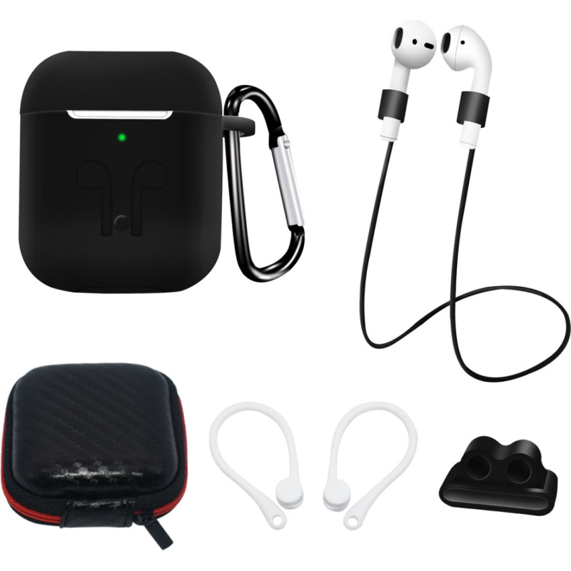 Hurtel Silicone Case Set for AirPods 2 / AirPods 1 + Case / Ear Hook / Neck Strap / Watch Strap Holder / Carabiner - black