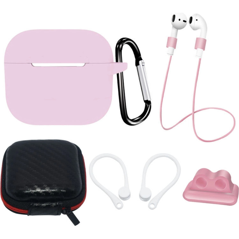 Hurtel AirPods 3 Silicone Case Set + Case/Ear Hook/Neck Strap/Watch Strap Holder/Carabiner Clasp - pink