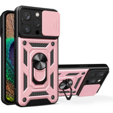 Hurtel iPhone 15 Pro Max Hybrid Armor Camshield Case with Kickstand and Camera Cover - Pink