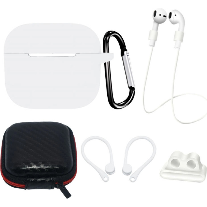 Hurtel AirPods 3 Silicone Case Set + Case/Ear Hook/Neck Strap/Watch Strap Holder/Carabiner Clasp - White