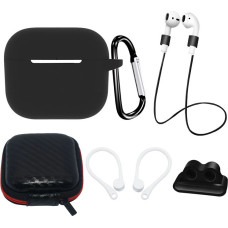 Hurtel AirPods 3 Silicone Case Set + Case/Ear Hook/Neck Strap/Watch Strap Holder/Carabiner Clasp - black