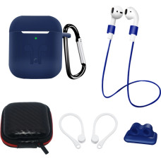 Hurtel Set of AirPods 2 / AirPods 1 silicone case + case / ear hook / neck strap / watch strap holder / carabiner - blue