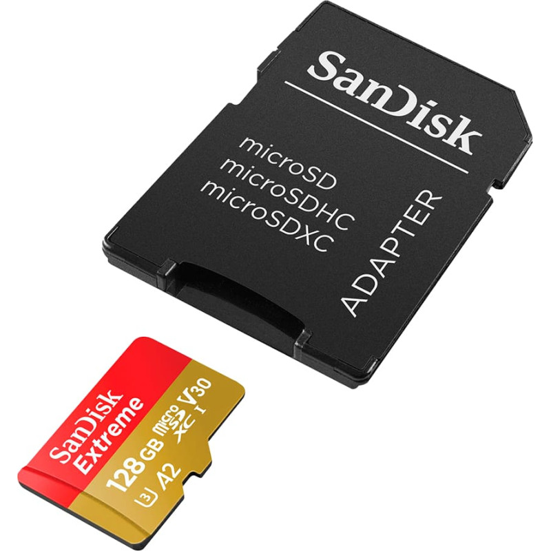 Sandisk Extreme microSDXC 128GB for Action Cams and Drones + SD Adapter + 1 year RescuePRO Deluxe up to 190MB/s & 90MB/s Read/Write speeds A2 C10 V30 UHS-I U3, EAN: 619659189488