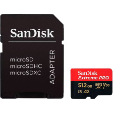 Sandisk Extreme PRO microSDXC 512GB + SD Adapter + 2 years RescuePRO Deluxe up to 200MB/s & 140MB/s Read/Write speeds A2 C10 V30 UHS-I U3, EAN: 619659188566